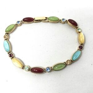 Vintage Liz Claiborne Bracelet Gold Tone Lucite Glass Rhinestones Foldover Clasp